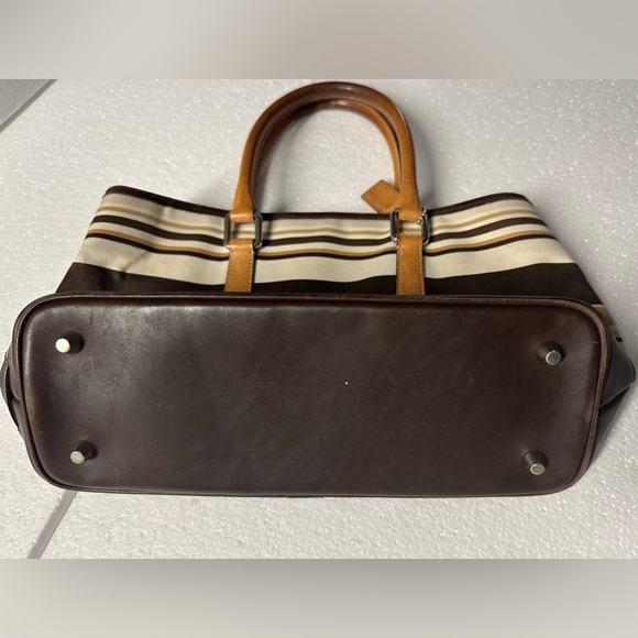 Vintage Rare Coach Leather Canvas Striped Brown Yellow & Tan Satchel Bag. - Picture 5 of 6